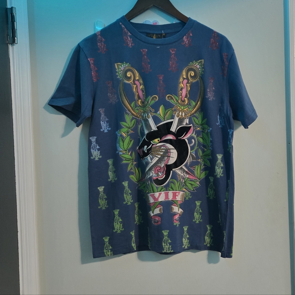 VTG Christian Audigier AOP T-Shirt Medium Blue Panther Tiger Y2K Slim Fit